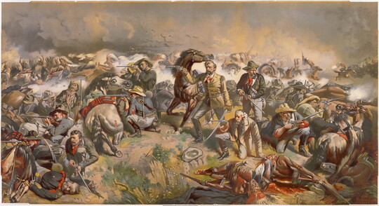 A color print of a smoky battle scene with a few men in the center upright with pistols and swords surrounded by dead or injured men and horses.