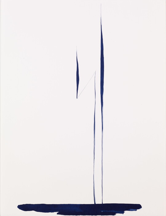 A print of three organic, thin, blue, vertical lines of varying lengths over a blue swath of color at the bottom.