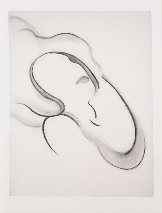 An abstract black-and-white print of a woman's head and shoulders made with simple, curving lines and shapes.