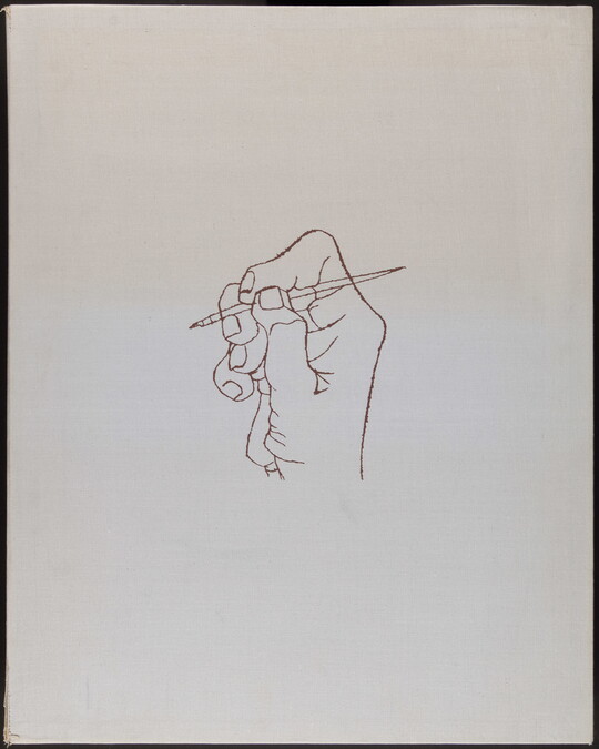 A black-and-white print of a line drawing of a right hand gripping a fountain pen as if about to write.