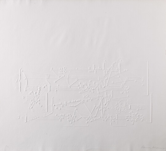 An abstract relief of piano sheet music on white paper.