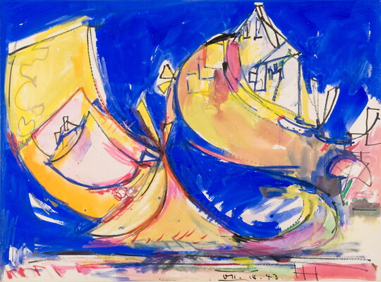 An abstract watercolor of an ocean, beach, and houses in bright blue and yellow.