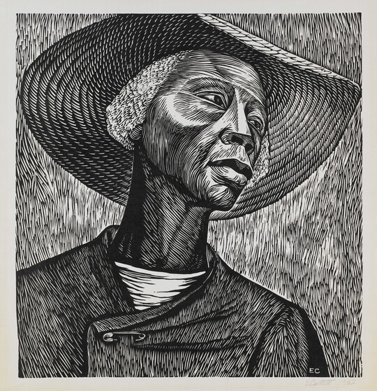A black-and-white stylized portrait of a Black woman wearing a sunhat and a garment fastened with a safety pin at the neck.