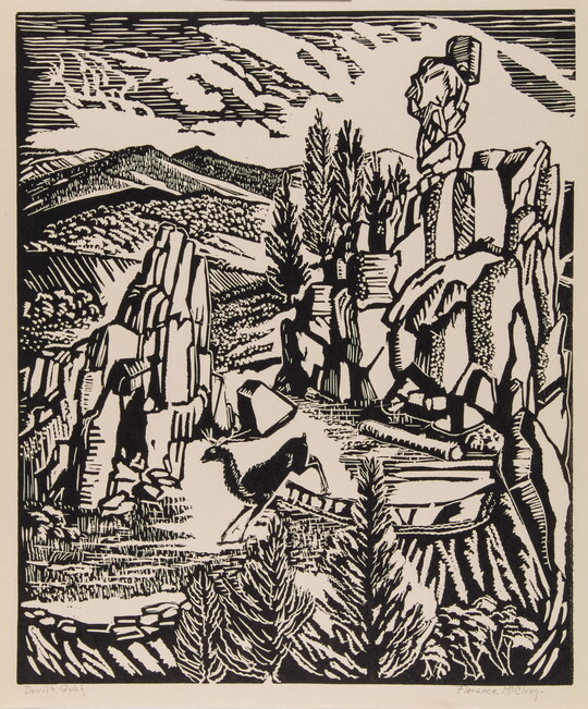 A black-and-white print of a Colorado landscape that includes rock formations, trees, and a running deer.