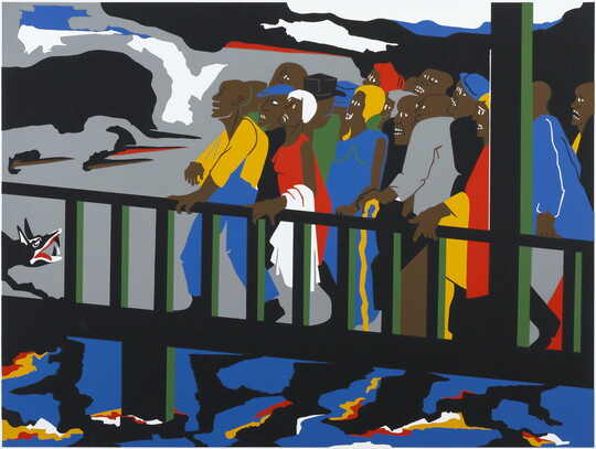 An abstract color print of a group of Black people crossing a bridge and being confronted by a snarling dog.