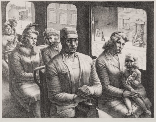 A black-and-white print of a Black man sitting in a street car next to a White woman and child with other White passengers in the background.
