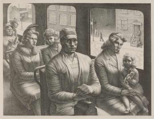 A black-and-white print of a Black man sitting in a street car next to a White woman and child with other White passengers in the background.