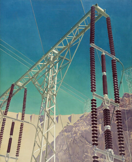 An oil painting of a power grid viewed from below, with a bright blue sky and dam in the background.