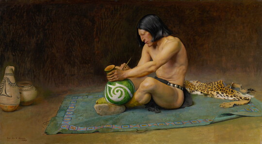 An oil painting of a Native American man sitting on a blanket painting a clay vase.