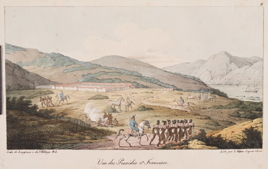 A color print of a valley landscape with Indigenous people being moved along a road by men on horseback toward a fort in the background.