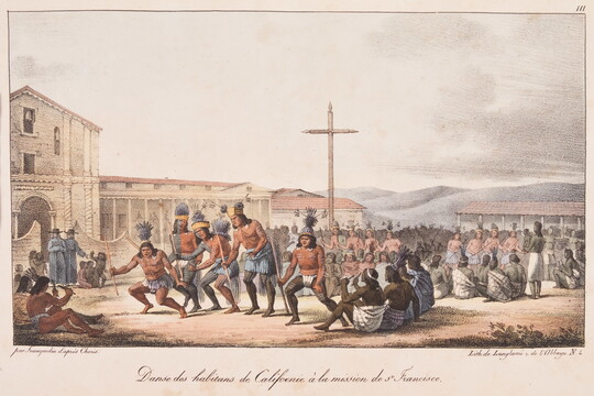 A color print of Indigenous people gathered in a courtyard, several dancing in the foreground, around a cross erected in the center.