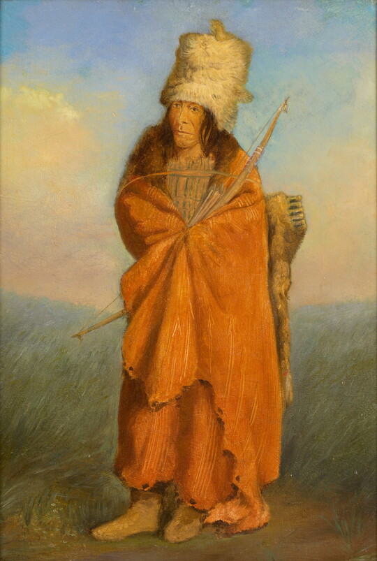 An oil portrait painting of an Indigenous man wrapped in an orange blanket, wearing a tall fur hat, holding a bow and arrows on a grassy landscape.