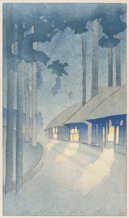 A print in muted colors of a row of houses, light coming from their windows, under tall trees at night.