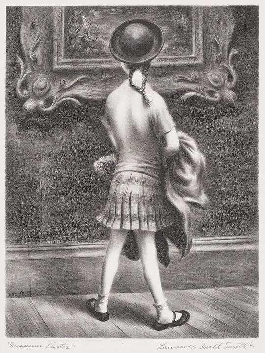 A black-and-white print of a little girl seen from behind wearing a hat and skirt looking at an artwork in a decorative frame hanging on the wall.