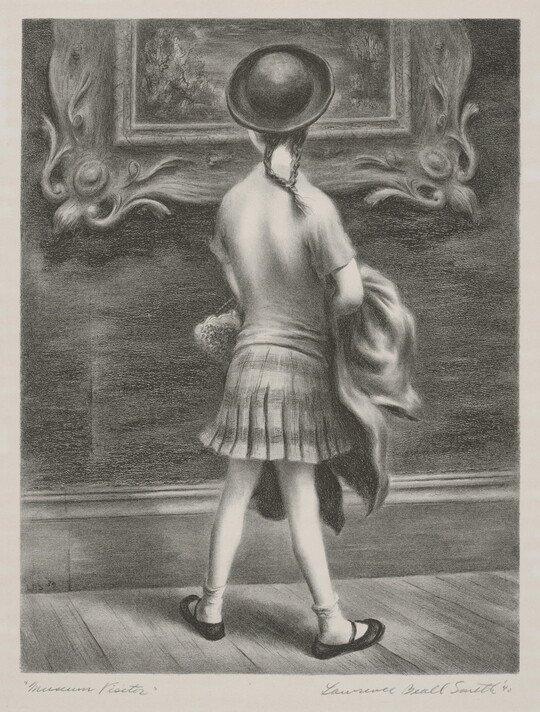A black-and-white print of a little girl seen from behind wearing a hat and skirt looking at an artwork in a decorative frame hanging on the wall.