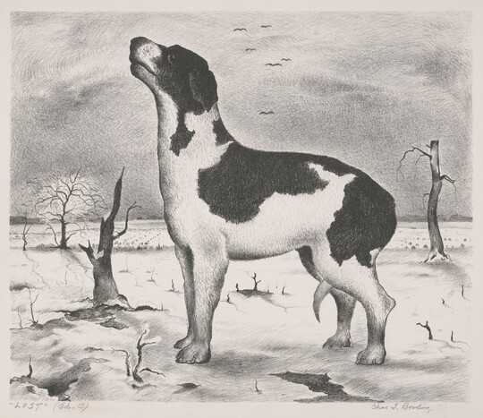 A black-and-white print of a black-and-white dog, tail tucked between its legs, standing alone outside in a desolate landscape.