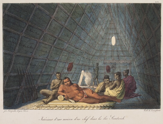A color print of Indigenous people, one lounging on a mat being fanned by another, inside a tall structure.