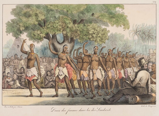 A color print of a parade of Indigenous women in traditional skirts, traveling through a crowd of Indigenous and White onlookers in an outdoor setting.