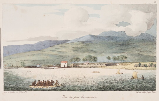 A color print of Indigenous people in a small boat along a coast with a fort and small huts; additional boats are in the water.