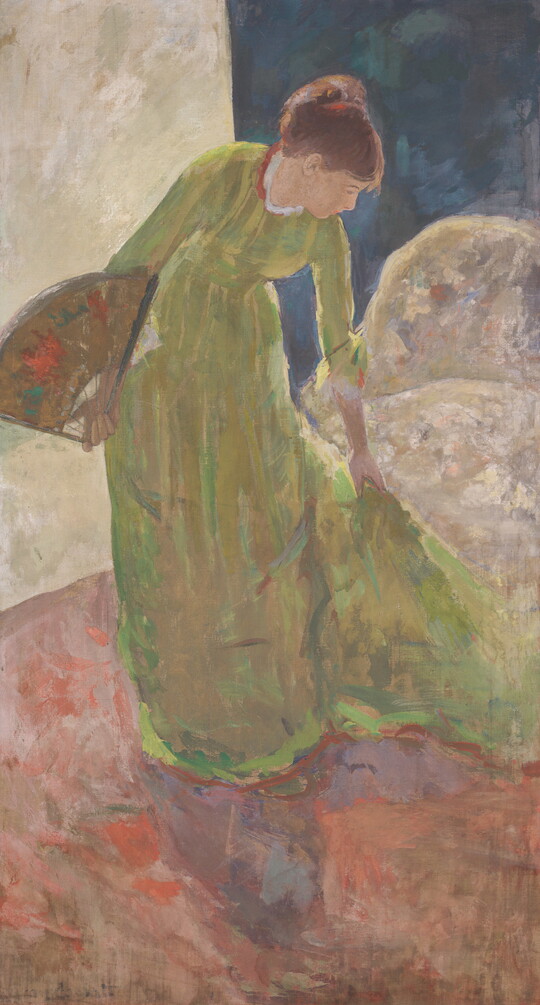 A painting of a White woman in a green dress holding a fan and bending to arrange the train of her dress.