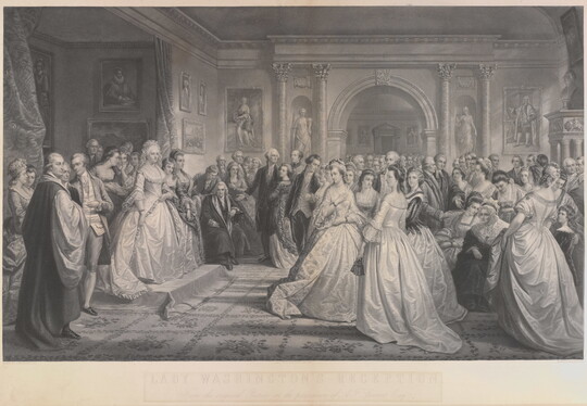 A black-and-white print of people in formal attire gathered in a large interior hall looking toward a woman standing on a dais.