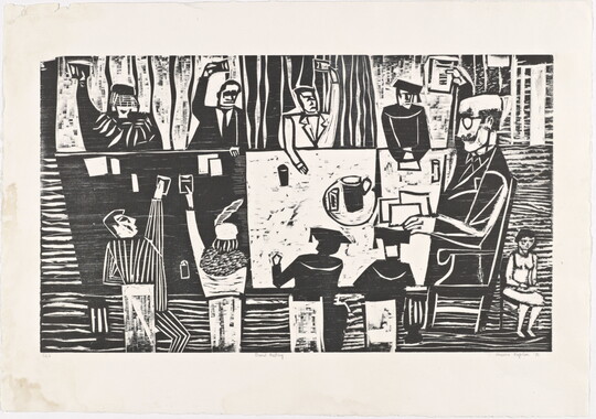 An abstract black-and-white geometric style print of people at a table, some with one arm raised.