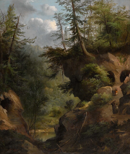 An oil painting of a lush forest and river valley with three people walking up a dirt path toward caves tucked into the side of the hills.