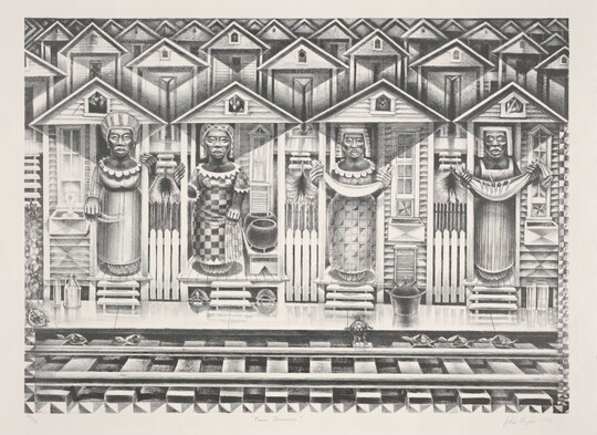 A stylized black-and-white print of four Black women, each standing in the doorway of a house, in front of railroad tracks.