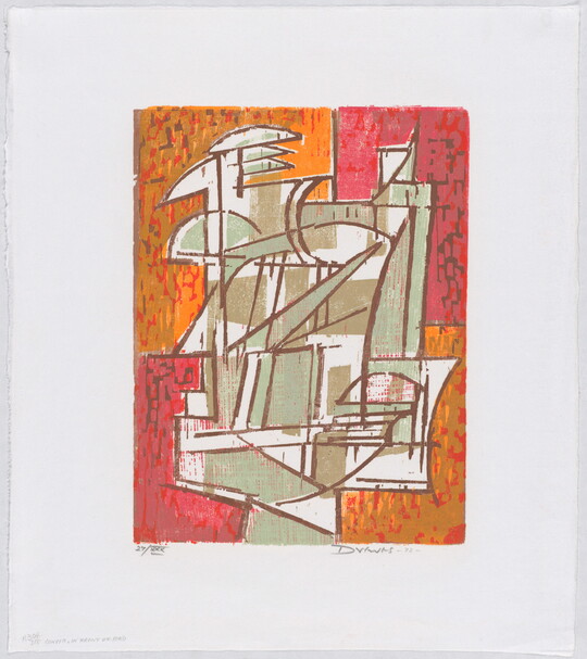 A color print of gray and white geometric shapes on a background of red and orange rectangles.