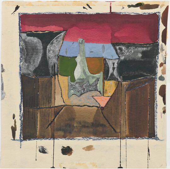 An abstract, colorful drawing with horizontal bands of dark red, black, and brown; at center is an abstract figure framed by brighter tones.