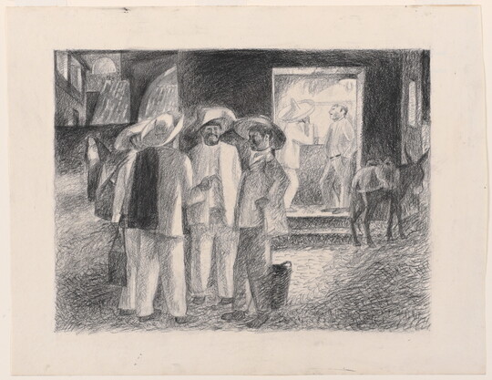 A black-and-white drawing of men, most wearing sombreros, talking in a street in front of a bar; a donkey stands outside the entrance.