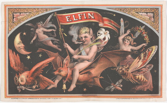 A color print of a White elf smoking a cigar, riding a bat, and holding a banner that says "ELFIN," surrounded by winged fairies, an owl, moths, a crescent moon, stars, in an ornate frame.
