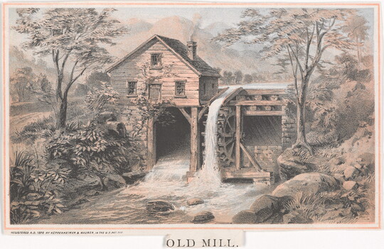 A color print of a wood building and a water wheel above a rushing stream surrounded by trees in a mountainous landscape.