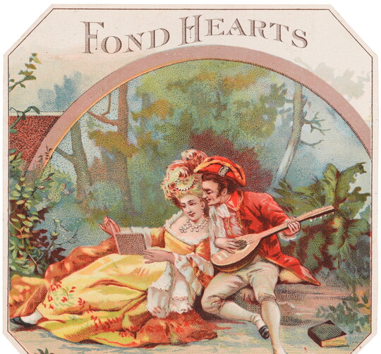 A color print of a White man and woman in 18th century fashion lounging in a wooded setting; the man is playing a lute as the woman reads a book.