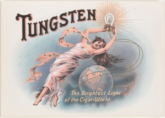 A color print of a White woman in a flowy white dress floating above a globe and holding a line drawing of a lightbulb.