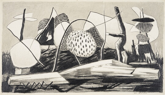 An abstract black-and-white drawing of shapes, lines, and patterns on a grassy landscape.