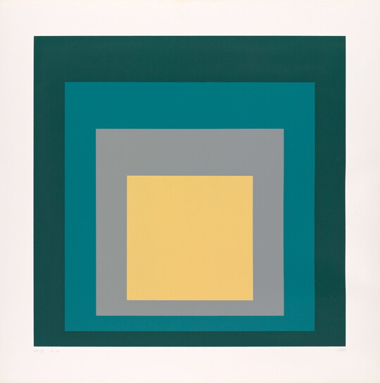 An abstract color print of four squares nested from largest to smallest in dark green, teal, gray, and yellow.