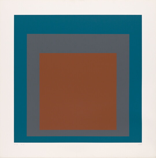 An abstract color print of three squares nested from largest to smallest in dark teal, dark gray, and dark red.