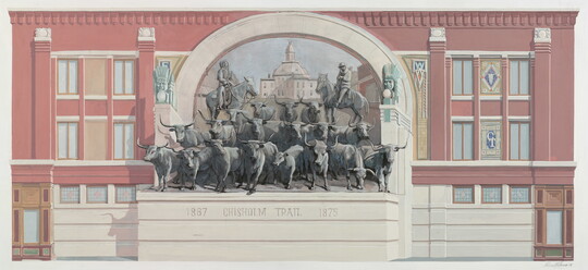 A color drawing of a building mural showing two men on horses directing a group of cattle in front of them.