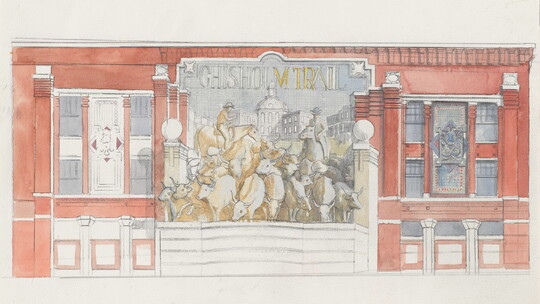 A watercolor of a building mural showing two men on horses directing a group of cattle in front of them.