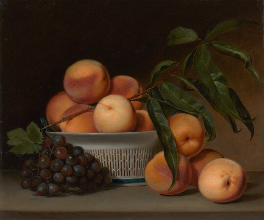 A still life oil painting of a cluster of purple grapes and several peaches next to a white, porcelain basket holding more peaches.