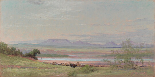 A pastel drawing of a field with cattle, a shallow body of water, and purple mountains in the distance.