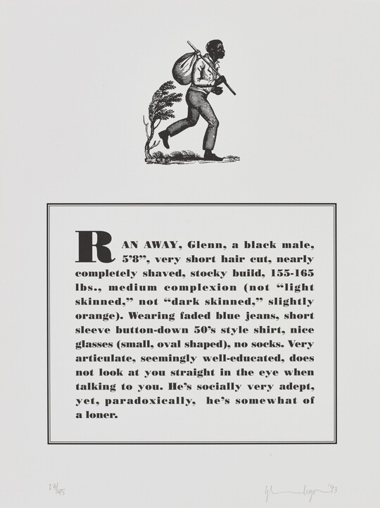 A black-and-white print of a historical graphic of an enslaved person placed above a paragraph that describes physical attributes and personality traits of the Black artist.