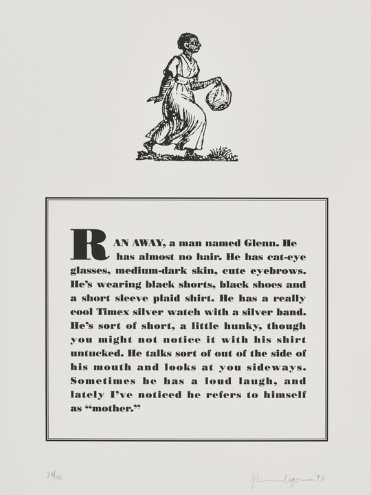 A black-and-white print of a historical graphic of an enslaved person placed above a paragraph that describes physical attributes and personality traits of the Black artist.