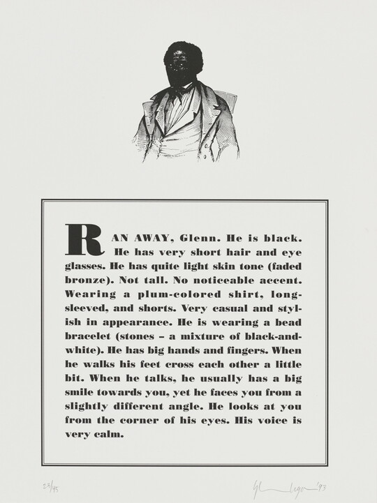 A black-and-white print of a historical graphic of an enslaved person placed above a paragraph that describes physical attributes and personality traits of the Black artist.