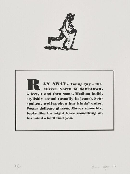 A black-and-white print of a historical graphic of an enslaved person placed above a paragraph that describes physical attributes and personality traits of the Black artist.