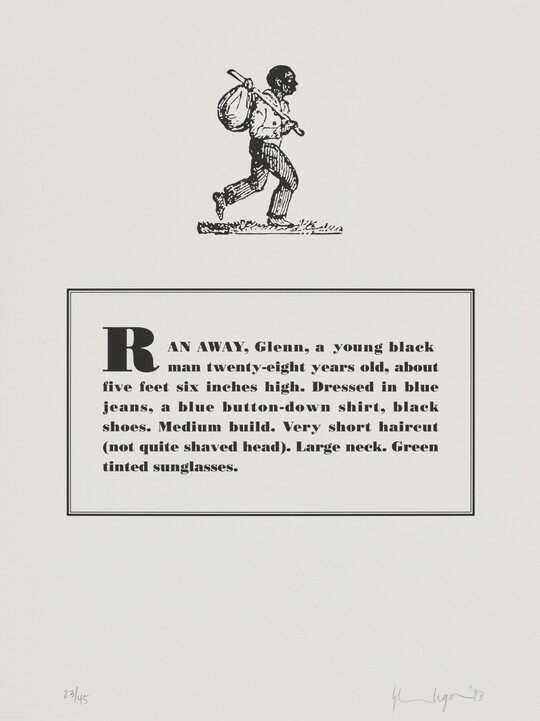 A black-and-white print of a historical graphic of an enslaved person placed above a paragraph that describes physical attributes and personality traits of the Black artist.