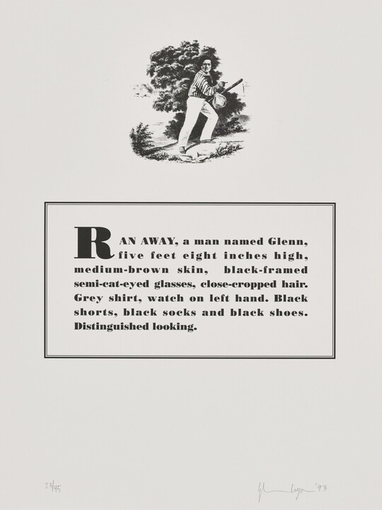 A black-and-white print of a historical graphic of an enslaved person placed above a paragraph that describes physical attributes and personality traits of the Black artist.