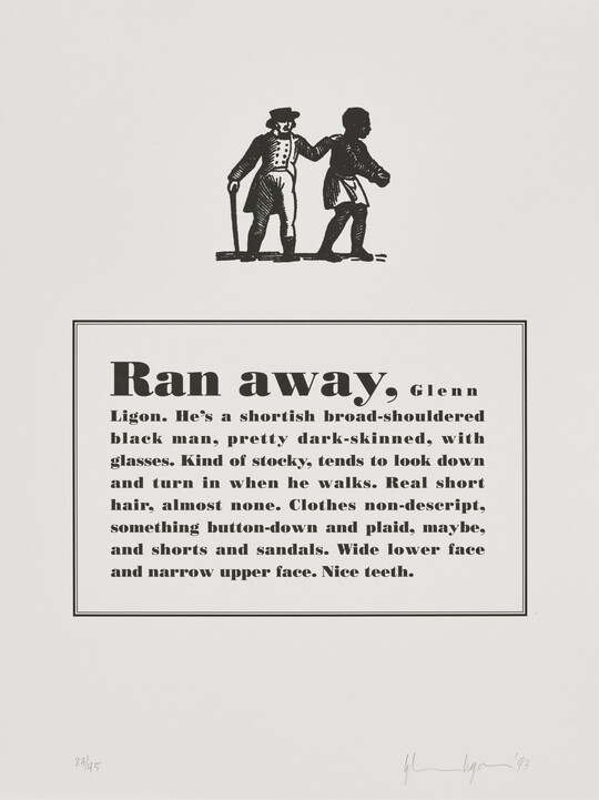 A black-and-white print of a historical graphic of an enslaved person placed above a paragraph that describes physical attributes and personality traits of the Black artist.