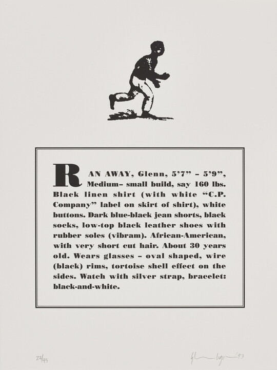 A black-and-white print of a historical graphic of an enslaved person placed above a paragraph that describes physical attributes and personality traits of the Black artist.
